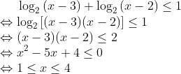 \log_2{\left (x-3 \right )}+\log_2{\left (x-2 \right )}\leq 1 \\\Leftrightarrow \log_2\left [(x-3)(x-2) \right ]\leq 1 \\\Leftrightarrow (x-3)(x-2) \leq 2 \\\Leftrightarrow x^2-5x+4\leq 0 \\\Leftrightarrow 1\leq x \leq 4